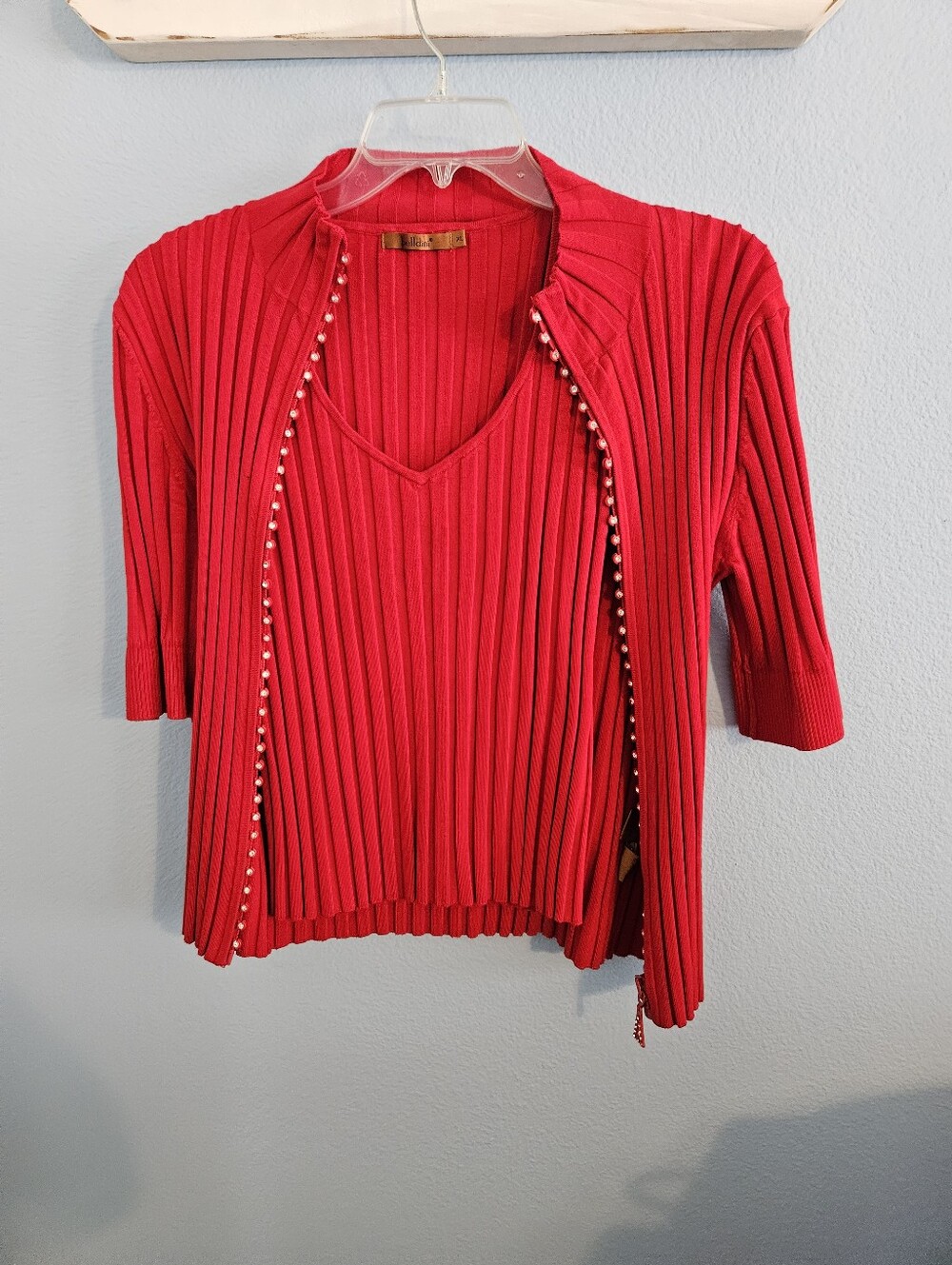 Belldini Red Ribbed V-Neck Top with Matching Open Cardigan